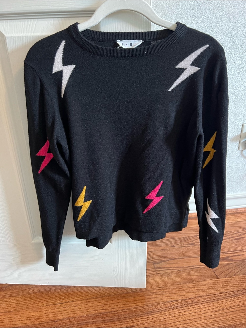 THML Black Sweater with Pink, Yellow & White Lightning Bolts